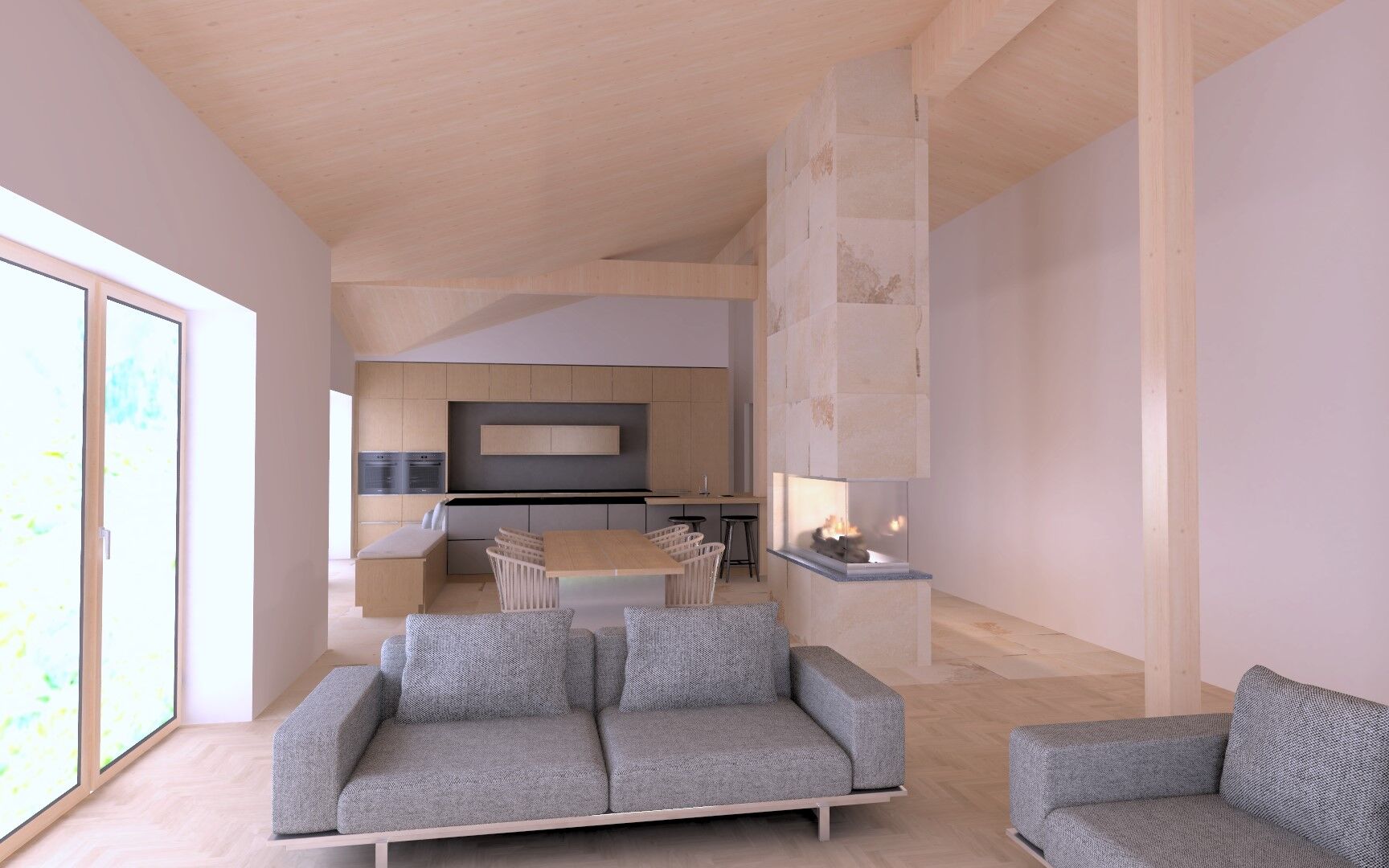 Wohnbereich und Küche als 3D Visualisierung