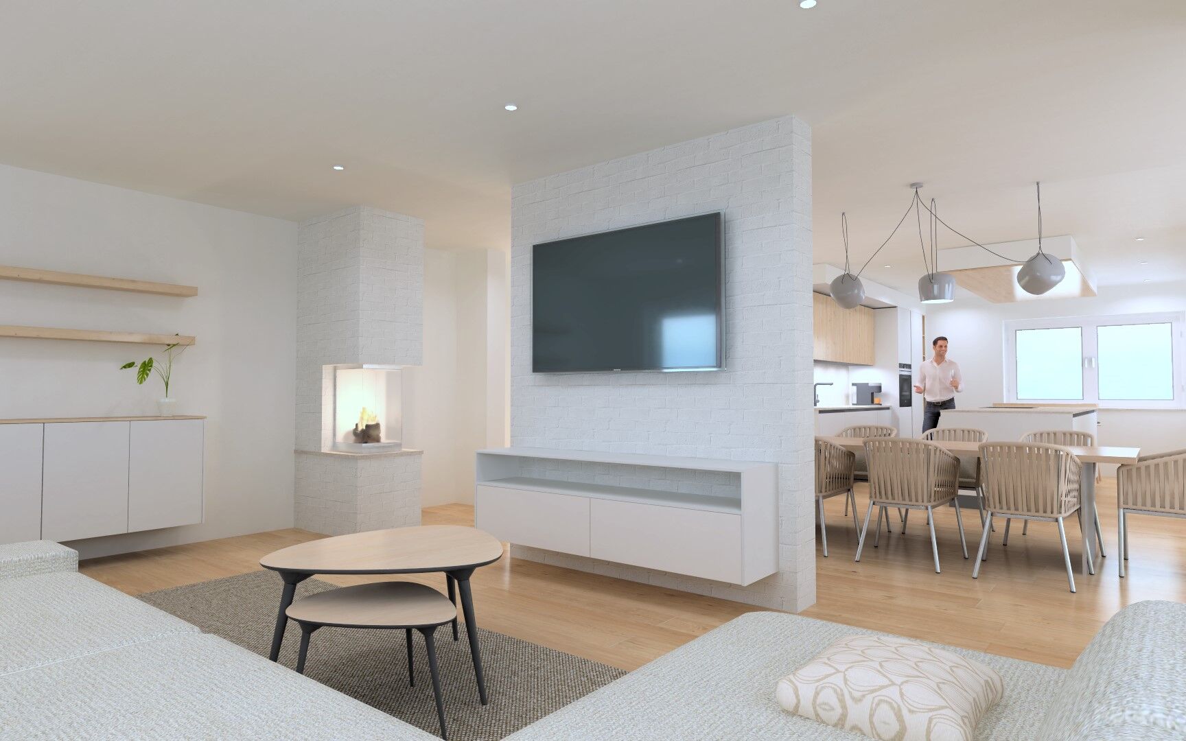 Wohnraumkonzept für Wohnzimmer, mit Essbereich und Küche als 3D Rendering